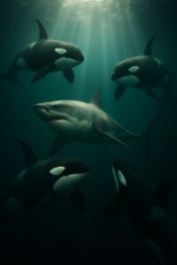 Four orcas encircling a great white shark in deep teal ocean waters with dramatic god-rays