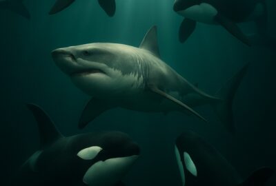 Four orcas encircling a great white shark in deep teal ocean waters with dramatic god-rays