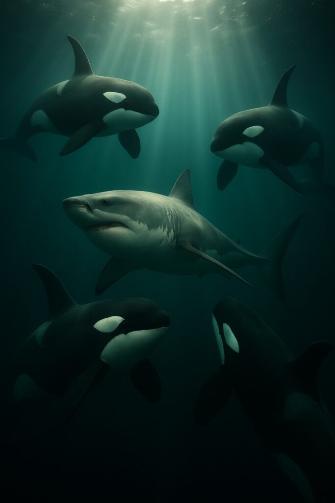 Four orcas encircling a great white shark in deep teal ocean waters with dramatic god-rays