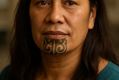 Māori woman with traditional moko kauae chin tattoo smiling confidently in a TV studio