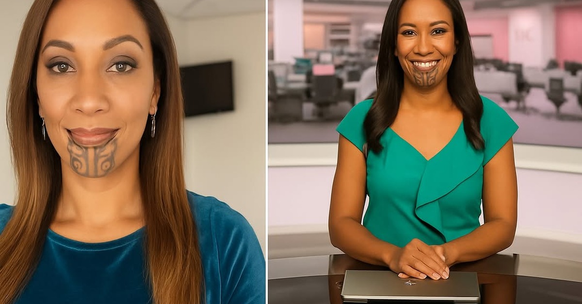 Professional news anchor with tā moko chin tattoo seated at a broadcast desk, studio lighting