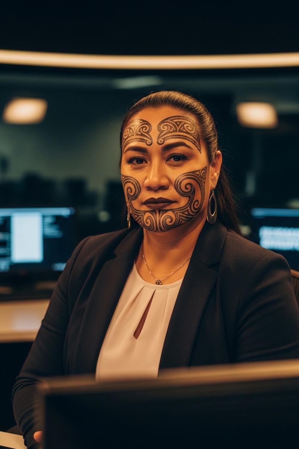Māori woman news anchor with traditional moko kauae chin tattoo facing camera with quiet strength
