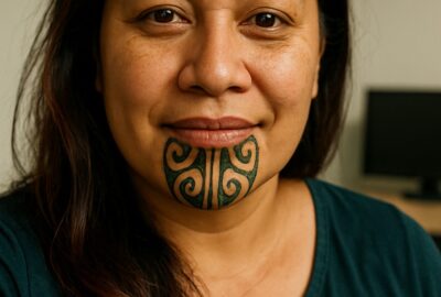 Māori woman with traditional moko kauae chin tattoo in a casual office selfie smiling warmly