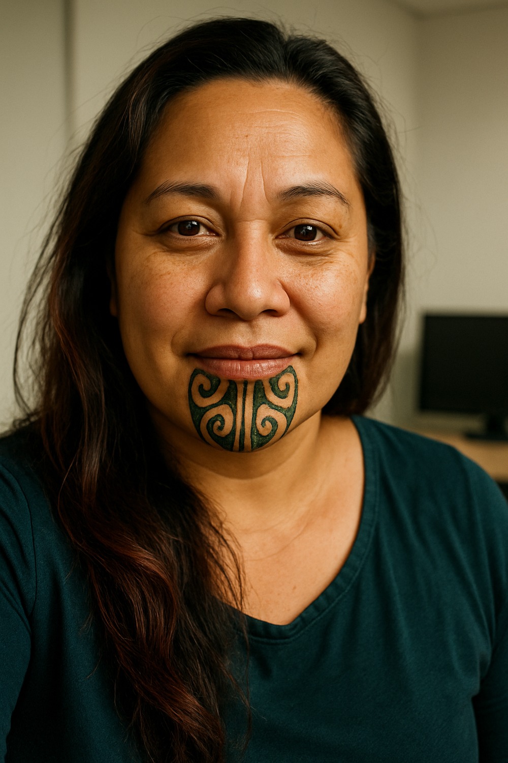 Māori woman with traditional moko kauae chin tattoo in a casual office selfie smiling warmly