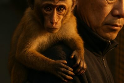 Juvenile macaque clings tightly to a man's shoulder in golden afternoon light