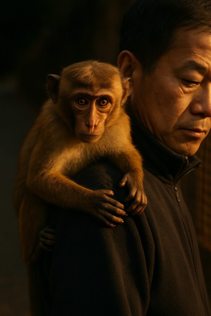 Juvenile macaque clings tightly to a man's shoulder in golden afternoon light