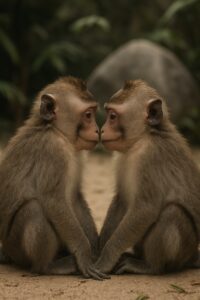 Two young macaques sharing a tender nose-to-nose moment in a sandy wildlife sanctuary clearing