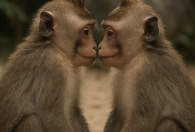 Two young macaques sharing a tender nose-to-nose moment in a sandy wildlife sanctuary clearing