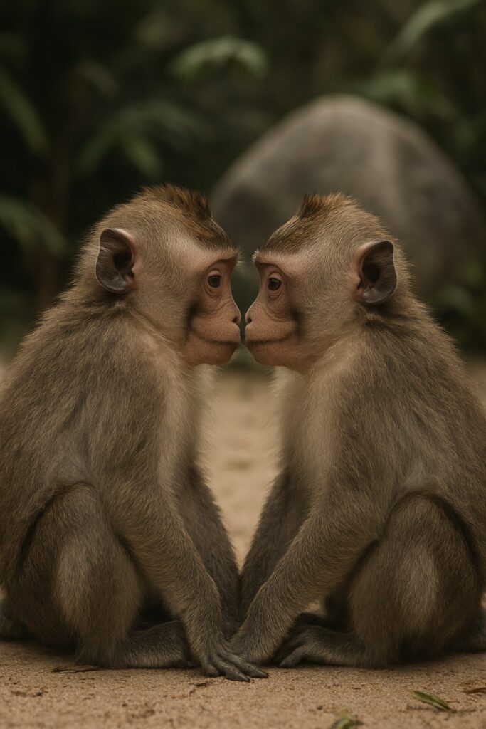 Two young macaques sharing a tender nose-to-nose moment in a sandy wildlife sanctuary clearing