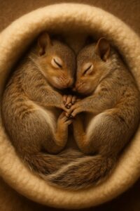 Two orphaned baby eastern gray squirrels sleeping curled together in a soft nest