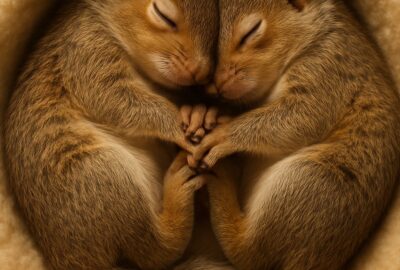 Two orphaned baby eastern gray squirrels sleeping curled together in a soft nest