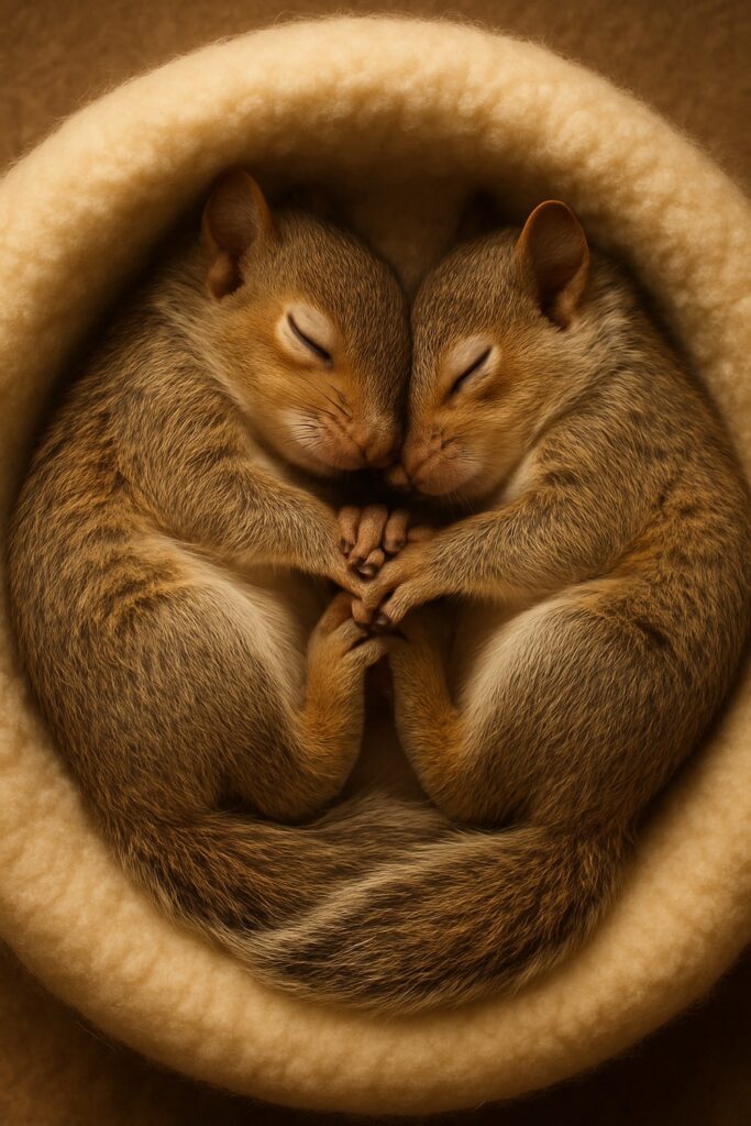 Two orphaned baby eastern gray squirrels sleeping curled together in a soft nest