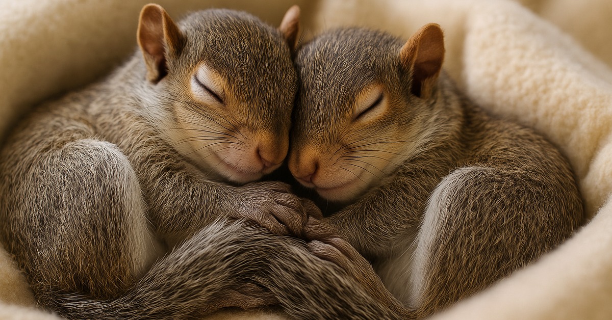 Close-up side profile of two juvenile gray squirrels with paws intertwined in fleece nest