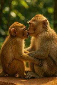 Two young macaques touching noses in a tender affiliative greeting at a wildlife sanctuary