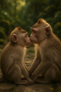 Two juvenile macaques touching noses in a tender face-to-face moment on rocky ground
