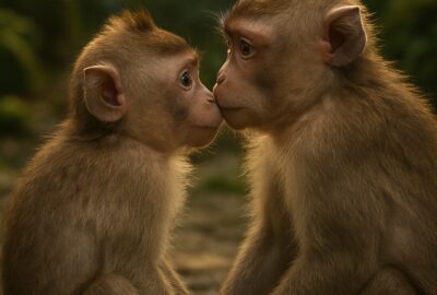 Two juvenile macaques touching noses in a tender face-to-face moment on rocky ground
