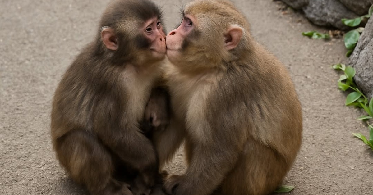 Young macaque resting its head gently against an older monkey companion in soft light