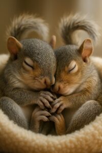 Two orphaned eastern gray squirrel kits sleeping together in a soft fleece nest