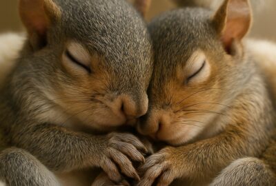 Two orphaned eastern gray squirrel kits sleeping together in a soft fleece nest