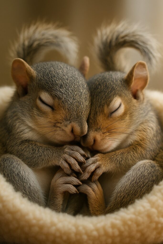 Two orphaned eastern gray squirrel kits sleeping together in a soft fleece nest