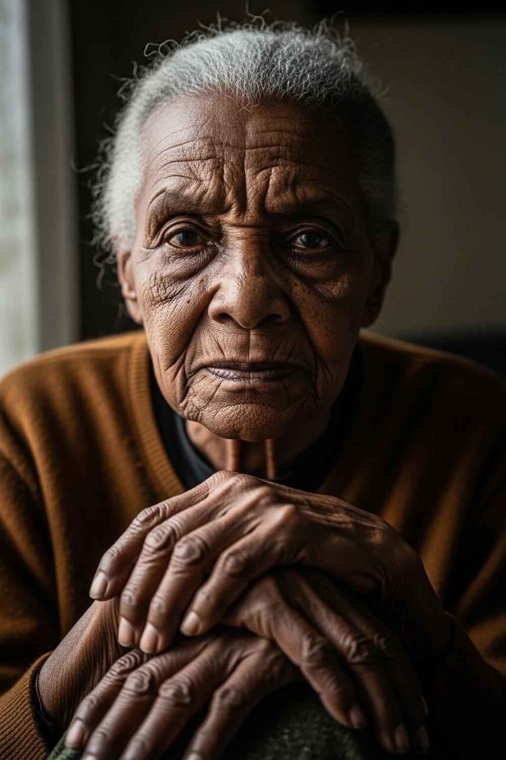 Elderly Black woman with weathered hands folded gently in her lap, dignified and serene