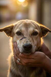 Injured stray dog being gently held by a rescue worker on a Sri Lanka street