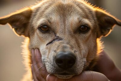 Injured stray dog being gently held by a rescue worker on a Sri Lanka street
