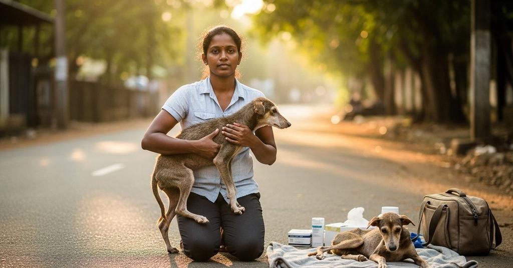 Volunteer veterinarian treating a recovering stray dog inside a shelter in Sri Lanka