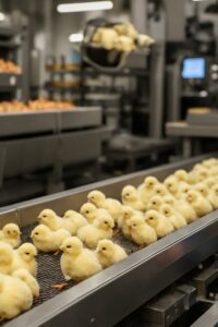 Hatchery worker in blue uniform cradling a newborn yellow chick on industrial conveyor belt