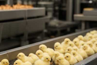Hatchery worker in blue uniform cradling a newborn yellow chick on industrial conveyor belt