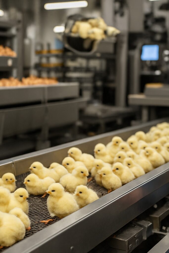 Hatchery worker in blue uniform cradling a newborn yellow chick on industrial conveyor belt