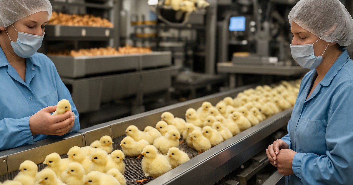 Rows of fluffy yellow chicks on stainless steel hatchery conveyor under fluorescent light