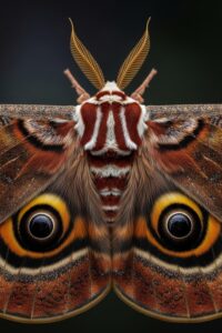 Giant owl moth Brahmaea wallichii displaying massive eyespots on open wings against dark background