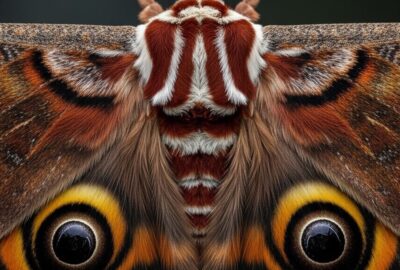 Giant owl moth Brahmaea wallichii displaying massive eyespots on open wings against dark background
