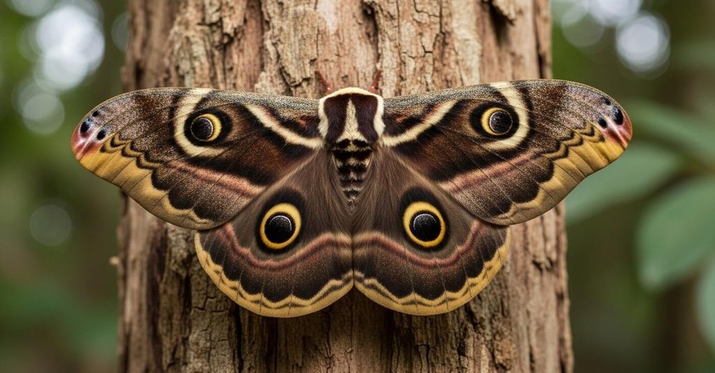 Owl moth camouflaged against textured tree bark in dense Southeast Asian forest