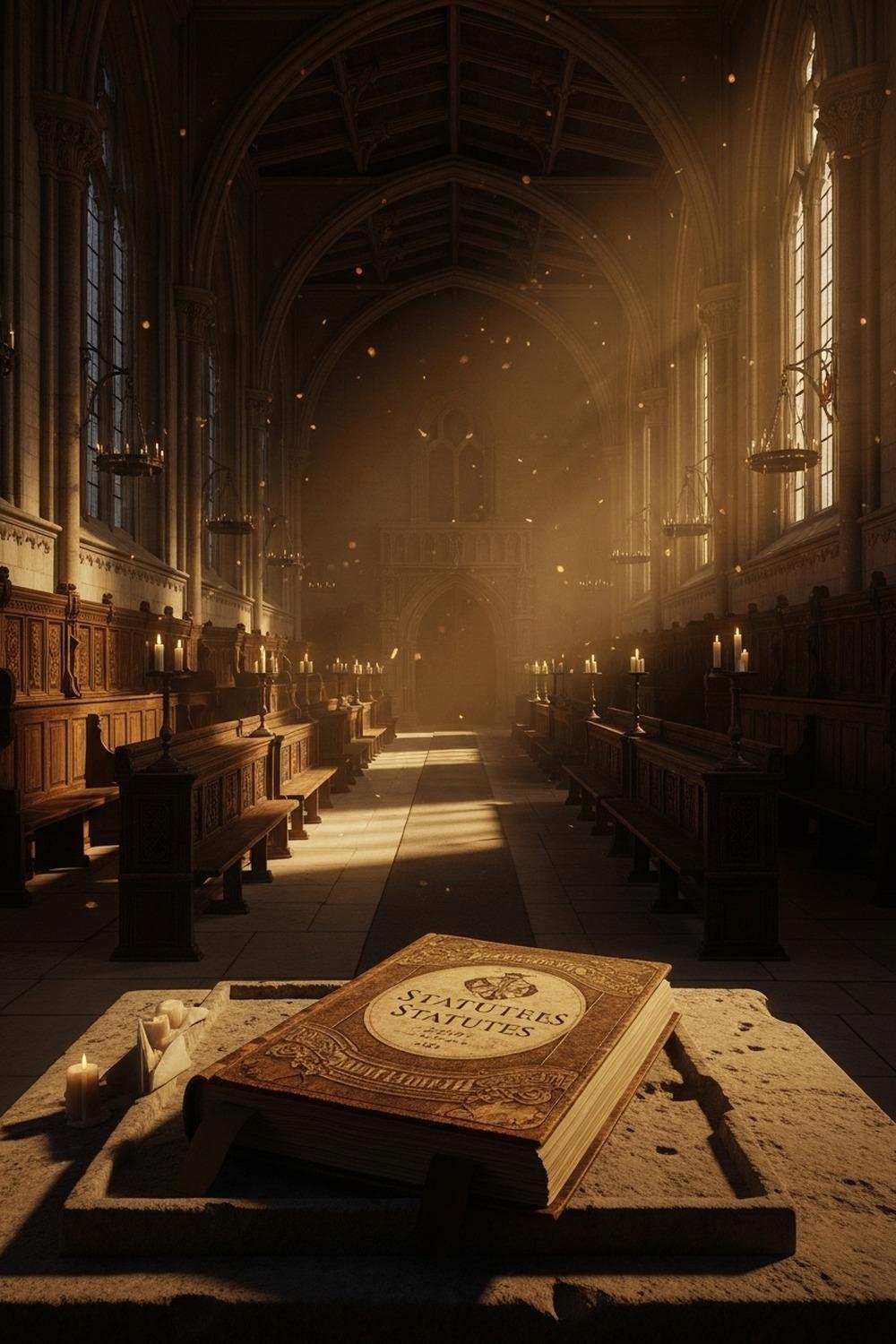 Ancient Oxford University hall with flickering candlelight and medieval oath scroll on stone table