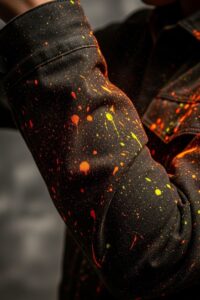 Fluorescent dye splattered across a dark jacket sleeve under bright store lighting