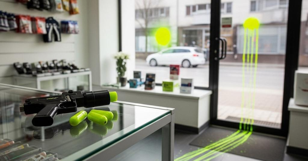 Close-up of a compact paintball launcher mounted near a retail shop entrance