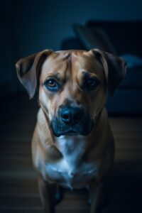Partially paralyzed dog standing alone in dark living room at night, trembling legs