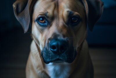 Partially paralyzed dog standing alone in dark living room at night, trembling legs