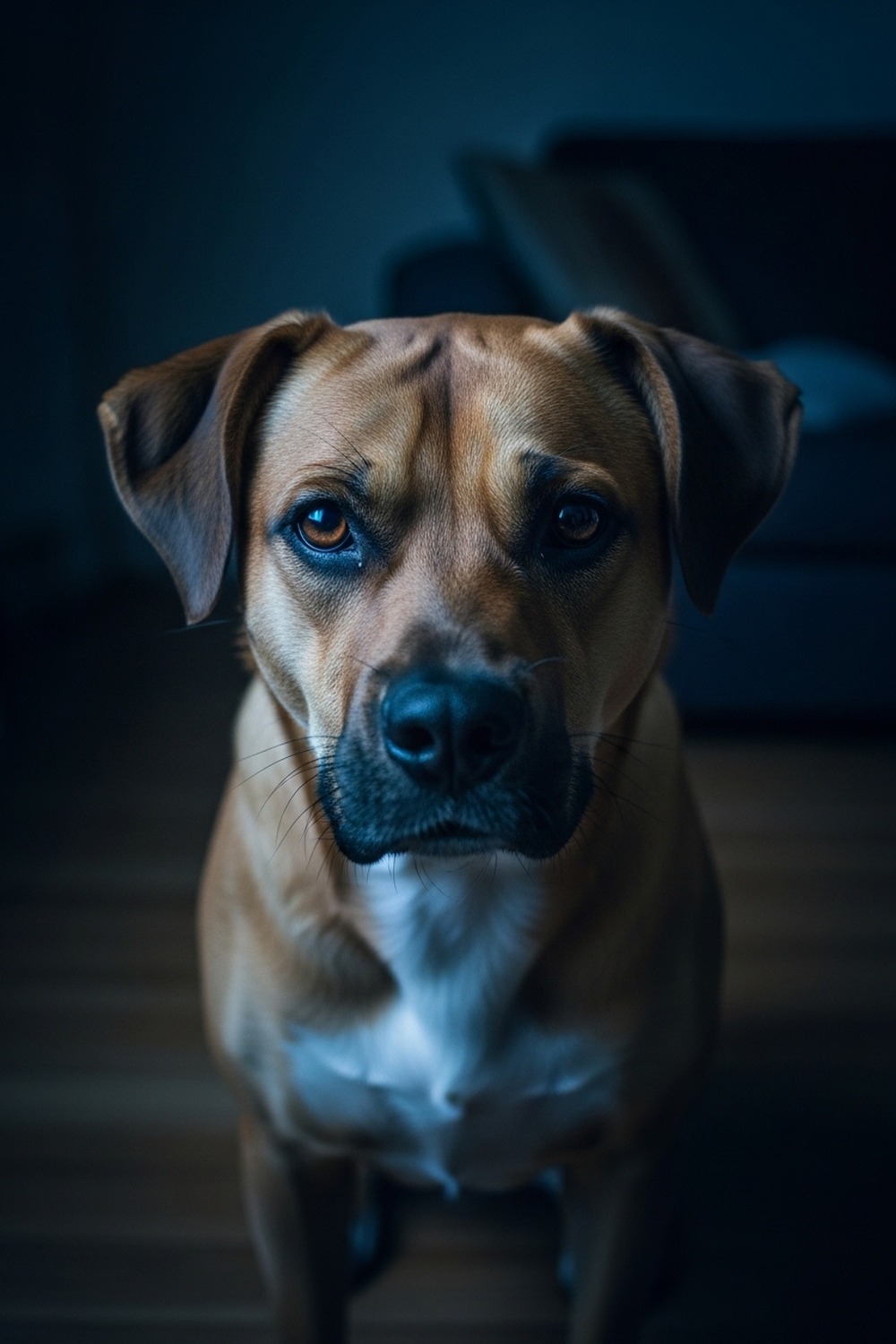 Partially paralyzed dog standing alone in dark living room at night, trembling legs