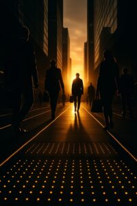 Silhouetted commuters walking over glowing LED kinetic energy tiles at golden hour