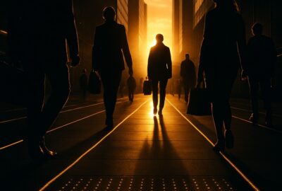 Silhouetted commuters walking over glowing LED kinetic energy tiles at golden hour
