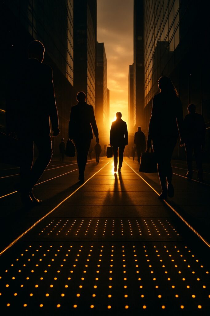 Silhouetted commuters walking over glowing LED kinetic energy tiles at golden hour