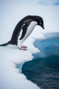 Adélie penguin standing at Antarctic ice edge hesitating before icy water below
