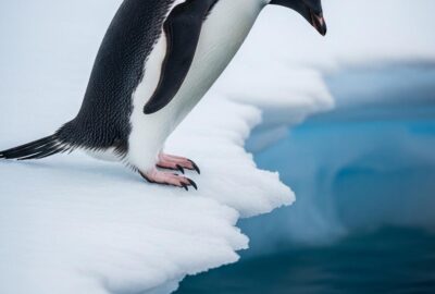 Adélie penguin standing at Antarctic ice edge hesitating before icy water below