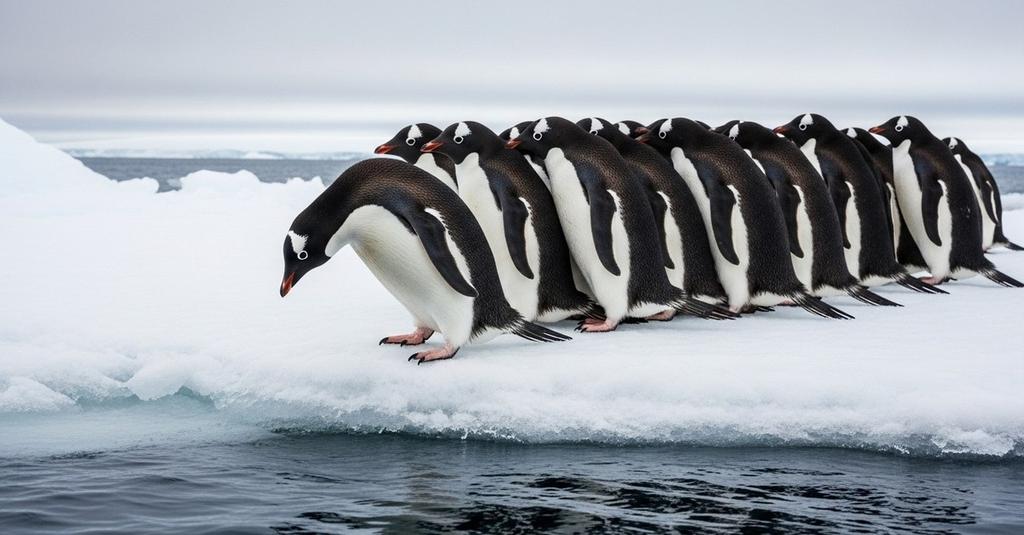 Crowd of Adélie penguins pressing together at the Antarctic ice shelf edge