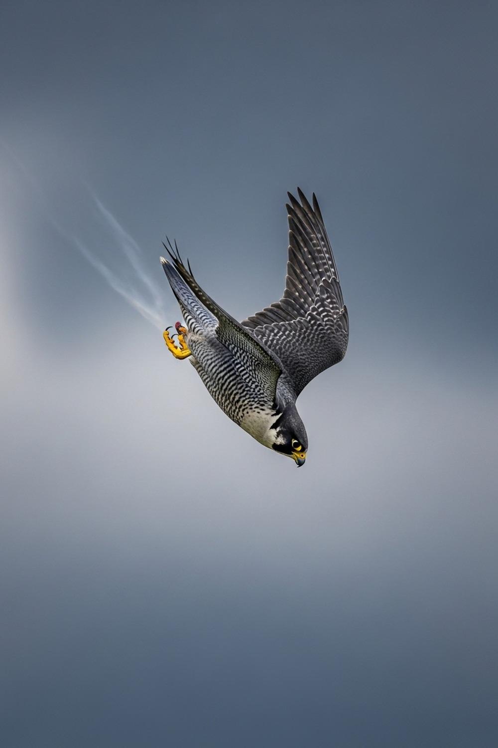 Peregrine falcon mid-stoop dive plummeting at incredible speed toward prey below