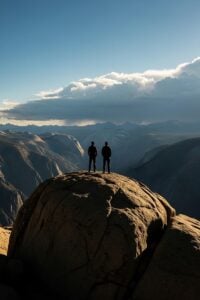 Two brothers smiling on Moro Rock granite summit moments before a deadly lightning storm in 1975