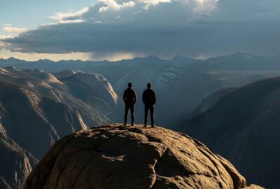 Two brothers smiling on Moro Rock granite summit moments before a deadly lightning storm in 1975
